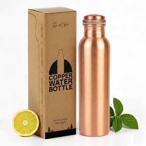THE ART BOX Copper Water Bottle - 34oz - Handcrafted Ayurvedic 100% Pure Copper Water Bottle for Drinking |Men & Women| Leak-Proof Lid BPA Free Non-Insulated & Eco Friendly for Sport & Travel