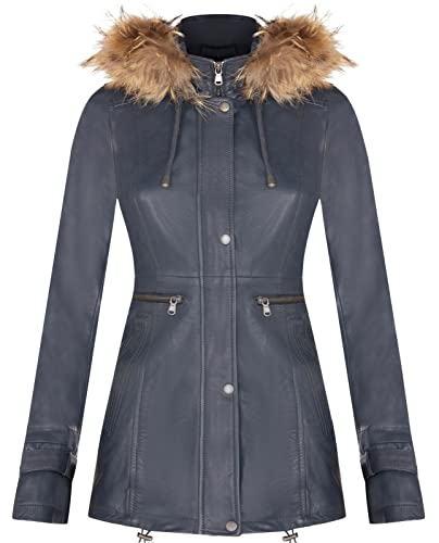 Blouson en Cuir Chaud Bleu Marine pour Femme Parka à Capuche Détachable M