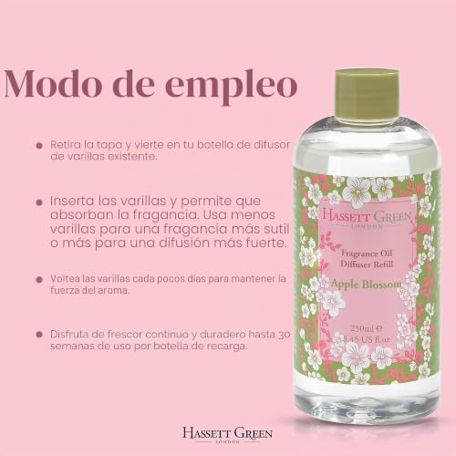 Miniatura 4 de Hassett Green London - Recarga De Difusor De Varillas Con Aceite Aromático Apple Blossom - Botella Grande De 250ml Para Ambientar Tu Hogar Con Fragancias Naturales Y Elegantes