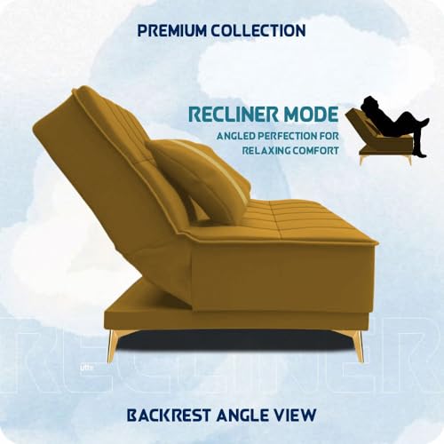 Image of Adorn India Premium New Alyssum 3 Seater Sofa Cum Bed 4X6 Velvet Suede with 2 Cushions (Color Yellow) and Suitable for All Indoor, with 3 Years Warranty