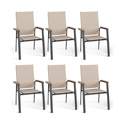 Image of PHI VILLA Outdoor Stackable Dining Chairs Set of 6 w /Aluminum Frame, Beige | Breathable & quick-drying Textilene, Space-saving, Light-weight, Weather-resistant, Patio lawn deck