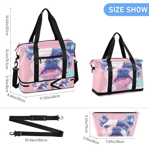 Pink Background and Dog Travel Duffel Bag Waterproof Gym Sport Tote Bag Carry On Weekender Bag with Compartment3