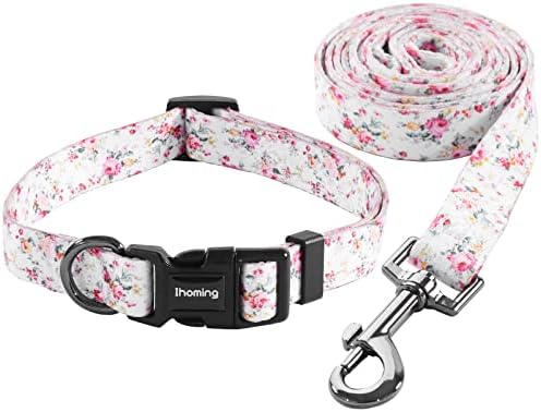 Ihoming Dog Collar and Leash Set for Daily Outdoor Walking Running Training, Floral Sky Design for Medium Boys Girls Dogs Cats Pets, M-Up to 45LBS