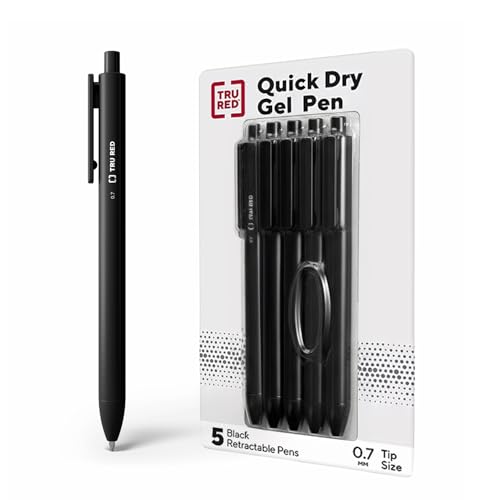 Image of TRU RED Retractable Gel Pens, Medium Point 0.7mm, Black Ink, 5 Pack - Quick‑Dry Pens for No‑Smear Notes & Office Writing