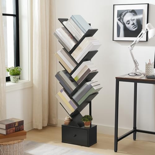 HOOBRO Bücherregal mit Schublade, Standregal mit 9 Ebenen, Baumförmiges Bücherregal, DVD Regal, Bücherturm Freistehend, für Wohnzimmer… – Ansicht 8