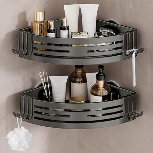 Lekesky Etagere Angle Salle de Bain sans Perçage, Ventouses Puissantes, Alu Antirouille Amovible, étagère Douche Angle pour Douche & Cuisine (Lot 2, Gris...