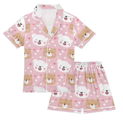 White Brown Bear Pajamas Sets Short Sleeve Silk Stain Pjs Button Down Sleepwear for 5-14Y
