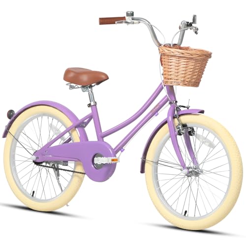 Glerc 20 Pulgadas Niños Niñas Bicicleta para 7 8 9 10 11 12 13 Años Niñas Retro Estilo Vintage Bicicletas con Cesta Ruedas de Entrenamiento y Campana, Violet