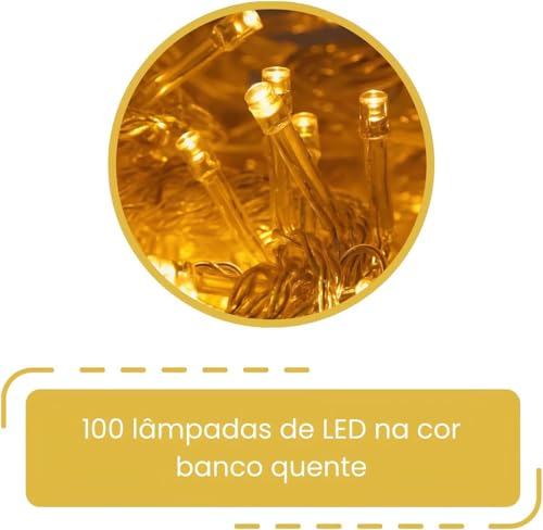 Pisca Pisca Luzes de Arvore de Natal Linha Premium 220v LED Branco Quente 8 Funções - Cordão de 100