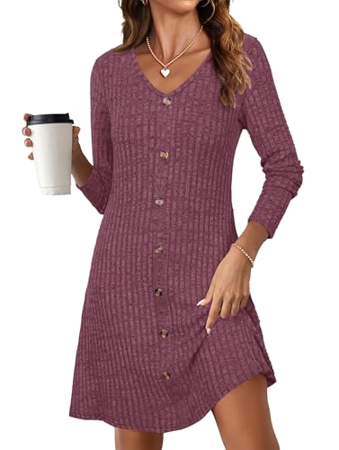 MOLERANI Women's Long Sleeve V-Neck Ribbed Knit Fall Dresses,Mauve,S