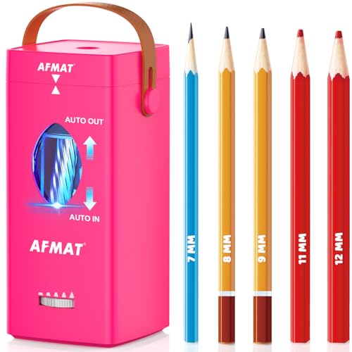 AFMATElektrischer Anspitzer, Tragbarer Elektrischer Spitzer für Dicke und Dünne Stifte 6.5-12mm, Bleistift Anspitzer mit Tragegriff für Zeichner, Schule, Arbeit, Büro,Lehrer, Rosa,PSC7