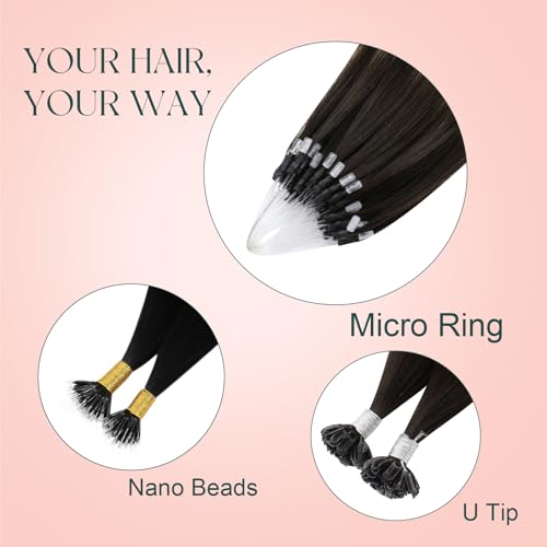 Image of Easyouth 18In Micro Ring Hair Extensions Human Hair Balayage, Lightweight | Micro Beads Hair Extensions Ombre, Dark Brown with Light Brown, 57g 50s, for Salon, Easy Diy Application, Gentle on Hair