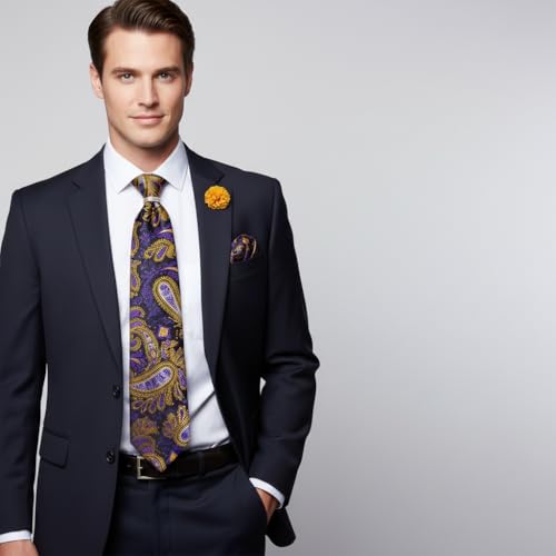 Image of 5PCS Tie and Pocket Square for Men, Silk Necktie and Handkerchief Cufflinks with Gold Ring and Lapel Pin Set
