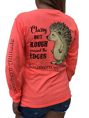 Southern Attitude Hedgehog Classy But Rough Around The Edges Heather Coral Long Sleeve Women's Shirt (Medium)