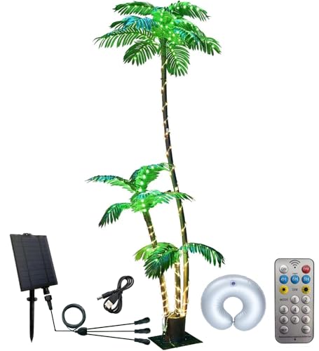 Palmera artificial solar árbol de Navidad de 7 pies, 3 troncos, 245 luces LED, simulación de palmera tropical, luz falsa para patio, hogar, oficina, playa, patio, crucero, fiesta, Tiki, bar,