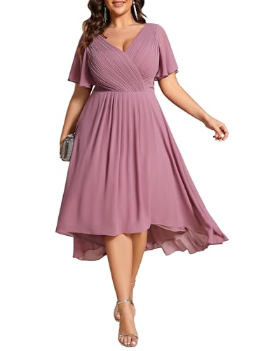 Image of Ever-Pretty Plus Summer Short Sleeves V-Neck Formal Wedding Guest Dresses for Curvy Women Chiffon Midi Cocktail Party Dress
