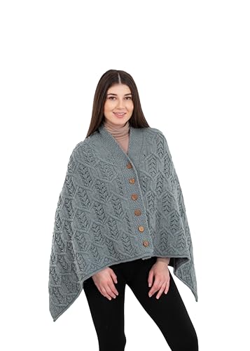 Image of SAOL Aran Poncho 100% Merino Wool for Ladies with Buttons V-Neck Shawl Cardigan