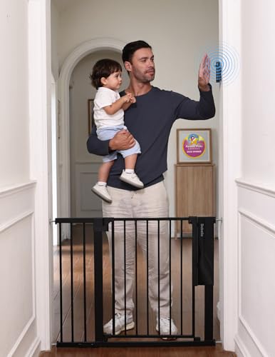 Babelio Smart Baby Gate with Auto-Unlock/Close, Pressure Mounted No Drill for Doorways/Top of Stairs. Pet/Dog Door Wide Walk Thru w/Infrared Sensor & Safety Alert (Black, 26.3-37.8' W, 30' H)