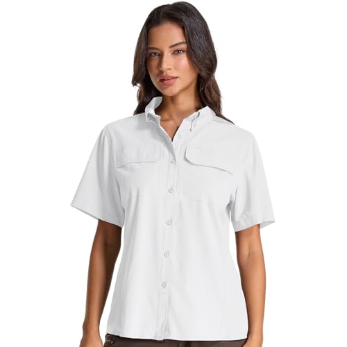 Womens Safari Hiking Sun Shirts UPF 50+ UV Sun Protection Quick Dry Lightweight Short Sleeve Button Shirts (5080 White M)