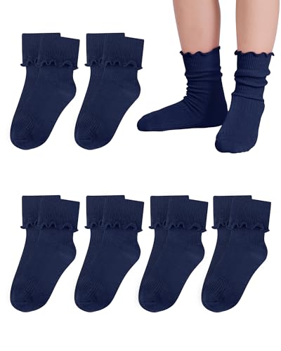 Witwot Ruffle Socks for Girls Kids Toddler Turn Cuff Dress Socks 4-6 Years Navy