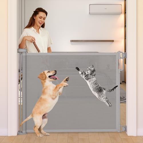 Image of Retractable Baby Gate, Momcozy Extra Wide Mesh Baby Gates for Stairs, 41" Tall, Extends to 71" Wide, Black, Pet Dog Gate for Doorways, Stairs, Hallways, Indoor/Outdoor