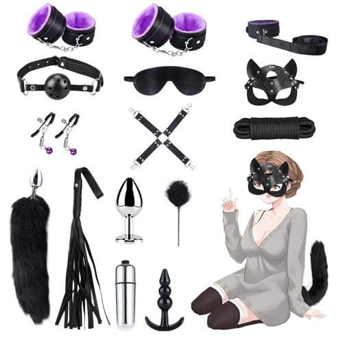 Qoosea 15 Pezzi Set Bondage SM, Sex Toys Bondage Kit Plug Anale con Coda di Volpe Set per I Principianti e Gli Esperti, Giocattoli Sessuali in Pelle Fetish con Manette Caviglia Maschera per Coppie
