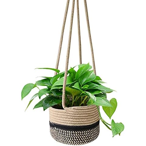 Sfee Hanging Rope Planter Basket, 8"x6" Hand Woven Plant Holder Modern Long Cord Plant Hanger Flower Pot Storage Home Decor Baskets for Indoor Outdoor Planters Toys(Beige Black Stripe) Cover