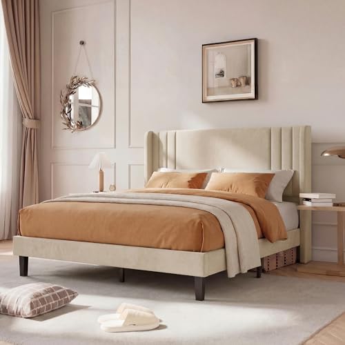 Poeahu Cama tapizada 160 x 200 cm, Cama Doble Acolchada con somier de láminas y cabecera, Marco de Cama para 2 Personas para Adolescentes y Adultos, fácil de Montar, sin colchón