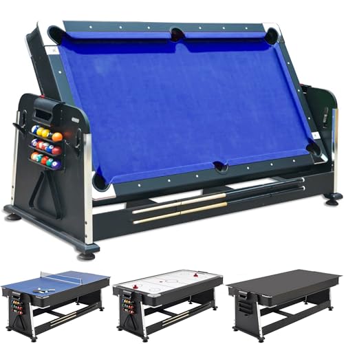 DEVESSPORT Multijogo Rotativo 4 em 1 Olimpus | Mesa de Bilhar, Air Hockey, Ping-Pong e Mesa de Jantar | 203,5x112x81 cm | Inclui Todos os Acessórios para os 3 Jogos (Azul)