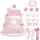 CORNER LACE Baby Shower Pink Butterfly Diaper Cake Decorations, Birthday Party Diaper Cake Supplies, Include Ribbon, Bow Tie, Wall Stickers, Cake Topper, Artificial Flowers(Diaper Not Included)
