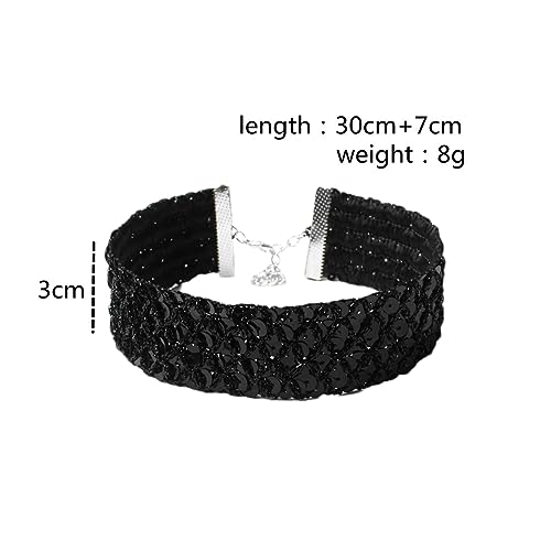 Chunky Wide Sexy Lace Velvet Short Collar Necklace Shiny Thick Rhinestone Metal Sequins Choker Necklace Party Costume Jewelry for Women4