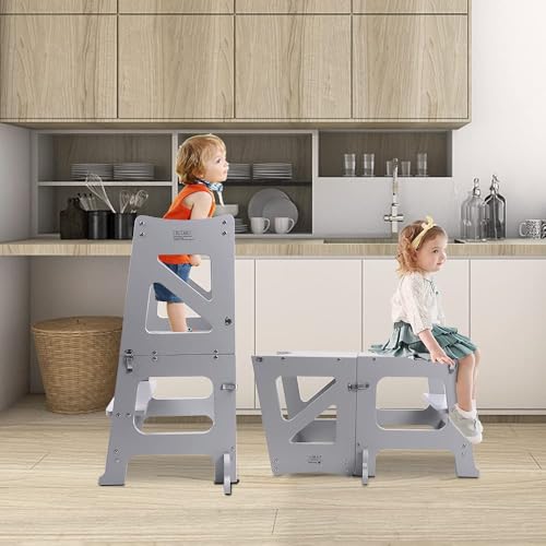 Foto von YOLEO Lernturm ab 1 Jahr, 3 in 1 Learning Tower für Kinder, Klappbare Tritthocker mit Rausfallschutz, mit doppelseitiger magnetischer Tafel, Küchen-/Badezimmerhelfer (Grau)