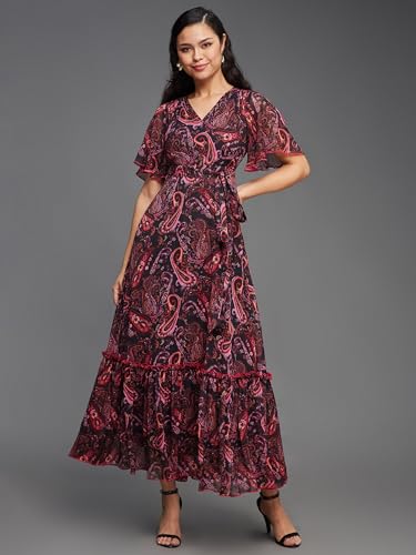 Image of Miss Chase Women's Floral V-Neck Flutter Sleeve Wrap Chiffon Maxi Dress