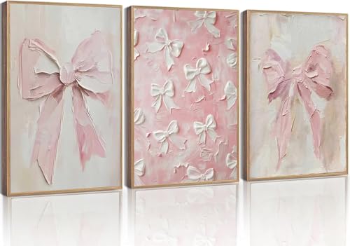 Image of 3Pcs Trendy Pink Bow Canvas Wall Art Vintage Cute Preppy Watercolor Bow Painting Pictures Wall Decor Posters Prints Girly Aesthetic for College Apartment Bedroom Decoration Unframed