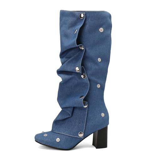 BEAUPAS Women's Button Knee High Boots Denim Riding Boots Slouchy Boots Chunky Heels Fold Over Block Heeled Tall Boots Round Toe Shoes2