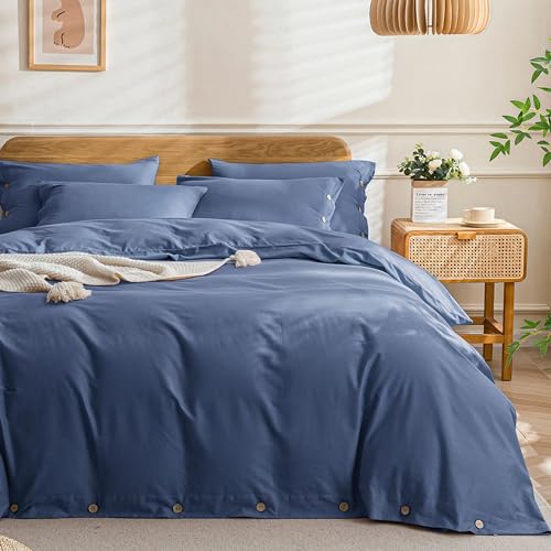 JELLYMONI Cotton Duvet Cover Twin Size - Blue Comforter Cover with Button 100% Washed Cotton 2PCS Breathable Soft Solid Bedding Set Duvet Cover 68×90in & 1 Pillowcase (NO Comforter)