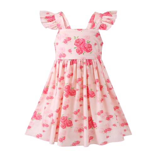 Image of Girls Floral Dress Square Neck Ruffle Sleeve Bow Back Twirl Cotton Dress