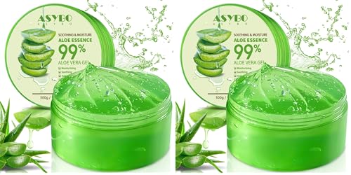 ASYBO 300 ML Gel de Aloe Vera – 99% Crema Hidratante Hidratante de Aloe Vera Puro Orgánico, Crema de Aloe Natural para Pieles Secas, Quemaduras Solares, Acné (Paquete de 2)