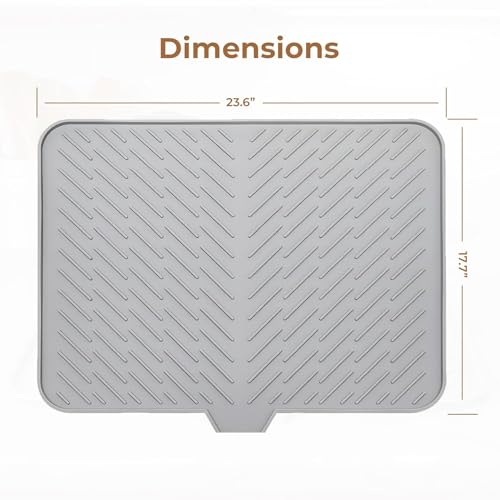 Image of AXIESO Large Silicone Dish Drying Mat for Kitchen - Built-in Drain Lip | Hygienic Drying Pad - Sturdy Compact Easy to Clean Tray Protects Surfaces Prevents Water Build Up 23.6 x 17.7 Inches (Grey)