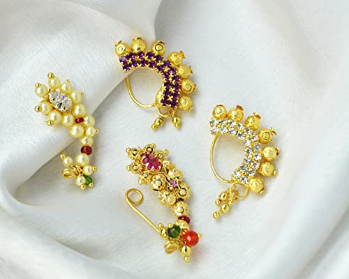 Image of Medium Size Traditional Maharashtrian Banu Nath Nose Stud without piercing Pearl Gold Plated Nath Combo Clip On Nose Ring For Women