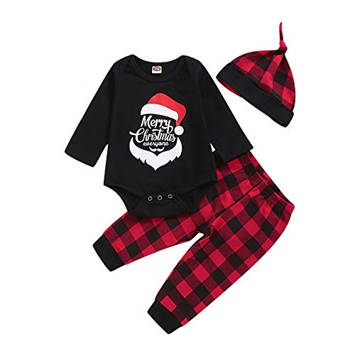 Newborn Infant Baby Boy Girl Christmas Outfit Long Sleeve Leopard Santa Print Romper Bodysuit Xmas Plaid Pants Clothes Set (Red-Santa, 18-24 Months)