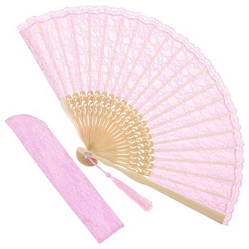 1 Pcs Folding Hand Fan, Pink Lace Vintage Retro Fabric Hand Held Chines/Spanish Foldable Fans for Men/Women Wedding Party Favor Performance Dance Home Decorations Festival Gift