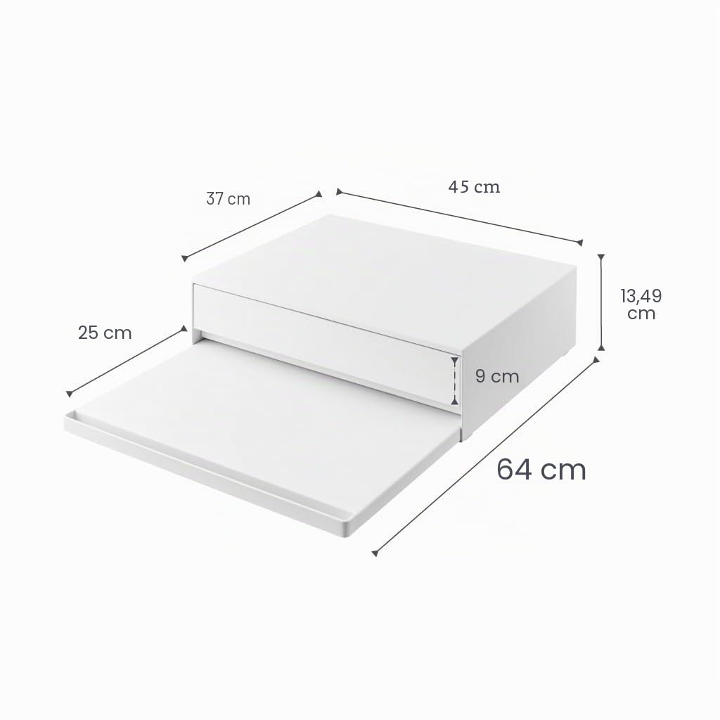 YAMAZAKI 2007 Tower Sliding Countertop Tray with Drawer, White, Steel/Polypropylene/Silicone, 45 x 39.3~64 x 13.5 cm