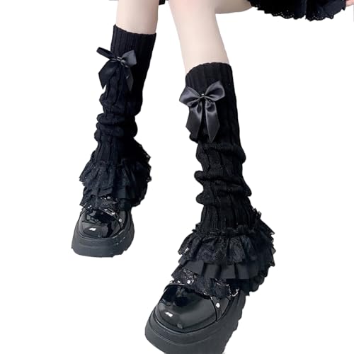 Lolita Beinstulpen mit Schleife und Spitze, Plüsch, gestapelter Socken für Mädchen, Schwarz, Einheitsgröße