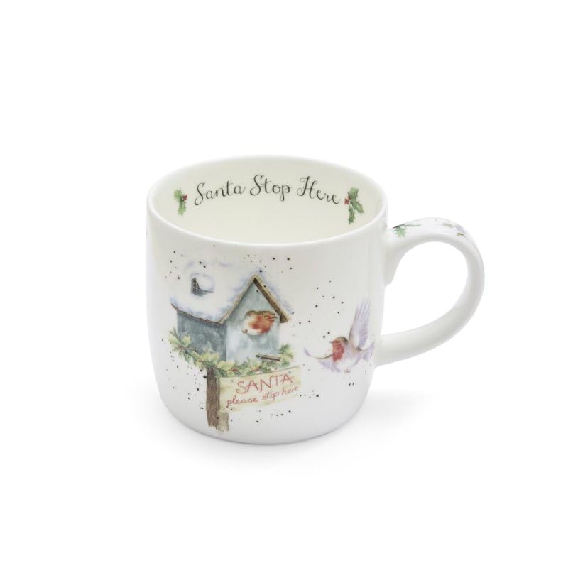 Wrendale Designs Royal Worcester Santa Stop Here 0.3 Litre Mug with Robins