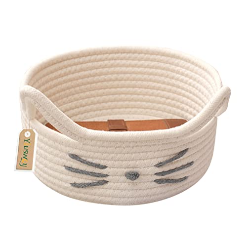 Yiuswoy Panier de Rangement Petit en Corde de Coton Chat Mignon Boîte de Rangement Tissé pour Salle de Bain, Chambre d'enfant, Bureau, 23 x 10cm, Blanc Cover