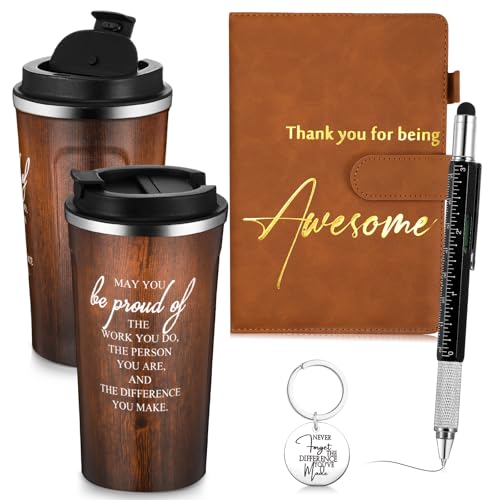 Skybooly 4 Set Employee Appreciation Gifts for Men Thank You Gift 17oz Brown Stainless Steel Coffee Tumbler with Lid Leather Journal Keychain Pen for Women Male Coworker Staff Teacher Nurse by Skybooly - Used condition - US$16.62