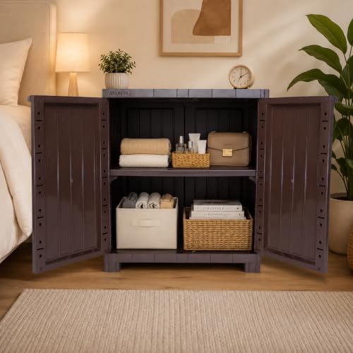 Image of 2.4 Ft x 2.1 Ft Storage Plastic Cupboard | 1 Year Warranty | Free Standing Cabinet | (Finish Color - Brown, Door Type- Hinged, DIY(Do-It-Yourself)) | (1 Shelf)