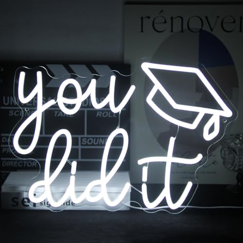Image of You Did It Neon Sign Congrats Grad LED Neon Light for Party Backdrop Decor | Graduation Decorations 2026, Dimmable Graduation Cap LED Sign, White Letter Neon Lights Signs, Graduation Gifts, USB Powered