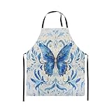 Blauer Goldener Schmetterling Küche Schürze 78x66 (LxW) Vintage Floral Feder Kochschürze Exotische Mystery Schmetterling Chef Schürze Western Gothic Ästhetik Schürze für Malerei Restaurant Bbq